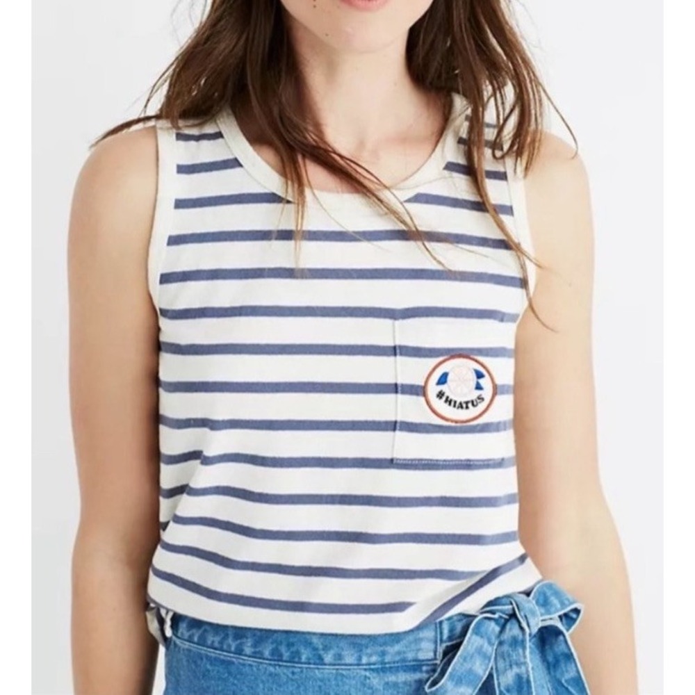 NWT Madewell Blue White Striped‎ Pocket Tank Top Women Sz M  OLDSTOCK
